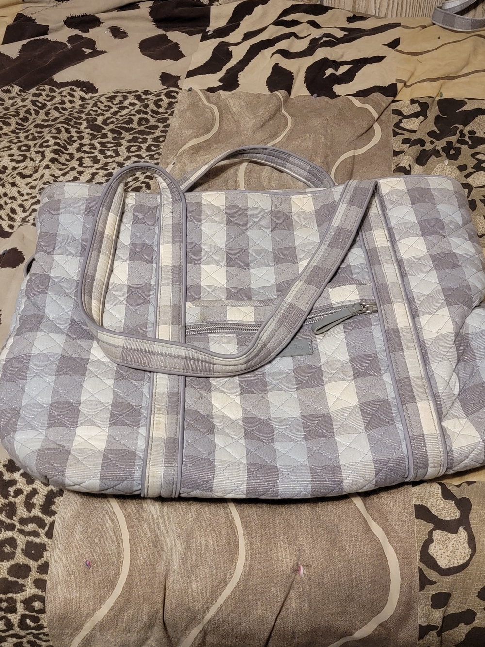 Vera Bradley Quilted Check Tote in Light Gray and White